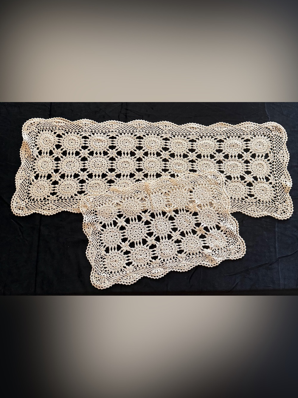 VTG Handcrafted cream crochet table runner/ dresser scarves doilies set of 2